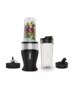Ninja 700W Mixeur Slim et Smoothie Maker, 2x 470ml gobelets avec couvercles à bec, mixeur personnel, écrase la glace et les fruits congelés, argent/noir QB3001EUS
