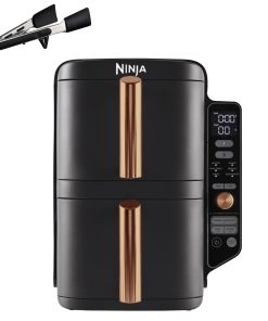 NINJA Double Stack XL Air Fryer 2 Compartiments Verticale, Compact, 4 Niveaux de Cuisson, Capacité de 9,5L, Air Fryer 6-en 1, Pièces Antiadhésives Amovibles Lavables Au Lave-Vaisselle, Noir/Cuivre